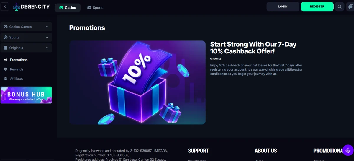 DegenCity casino bonus page showing the seven-day 10% cashback welcome offer