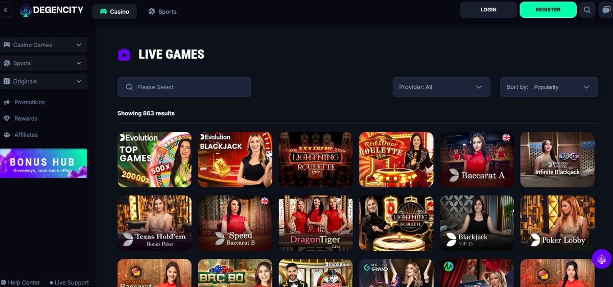DegenCity live casino lobby with roulette, blackjack, baccarat and poker