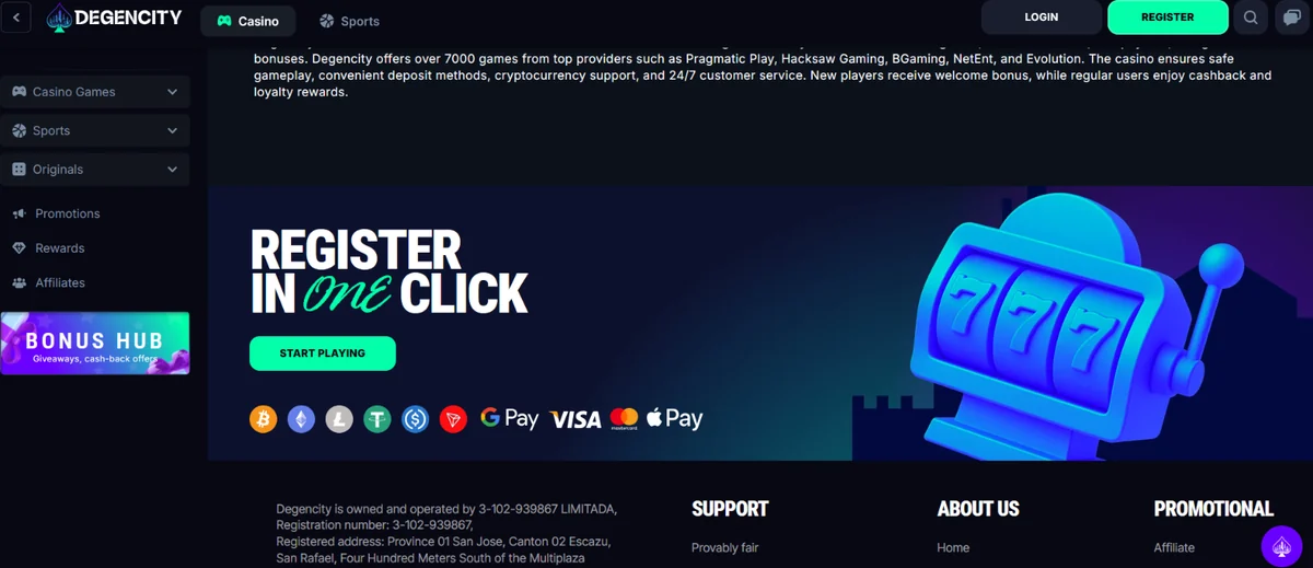 DegenCity payments section showing crypto, cards and digital wallet options