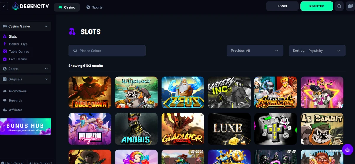 DegenCity pokies lobby showing popular slot titles and game filters online
