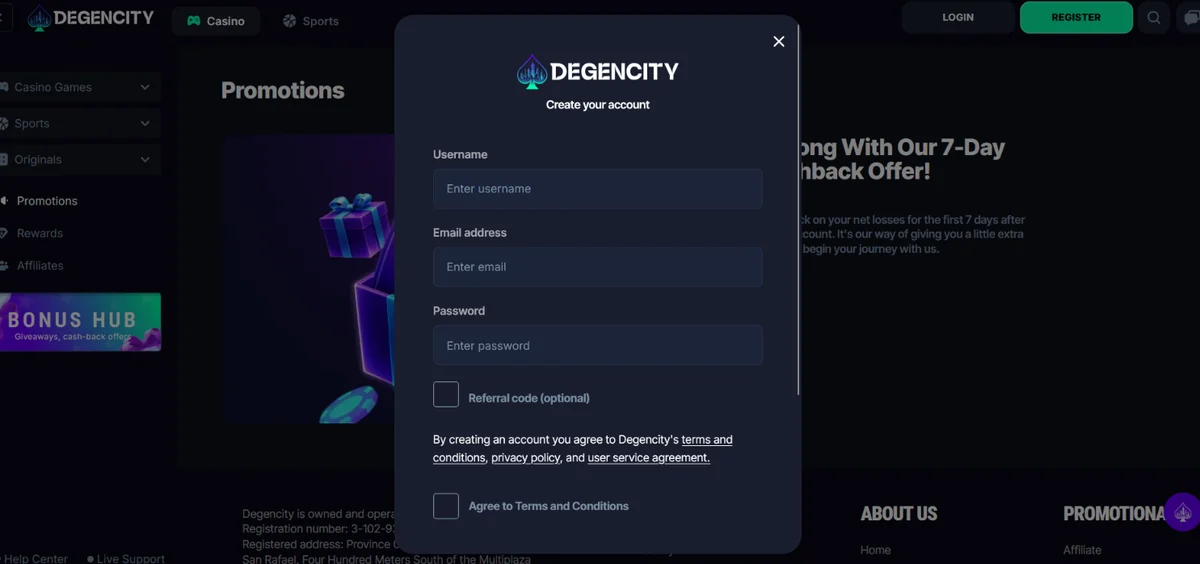 DegenCity casino registration form with account details and terms checkbox